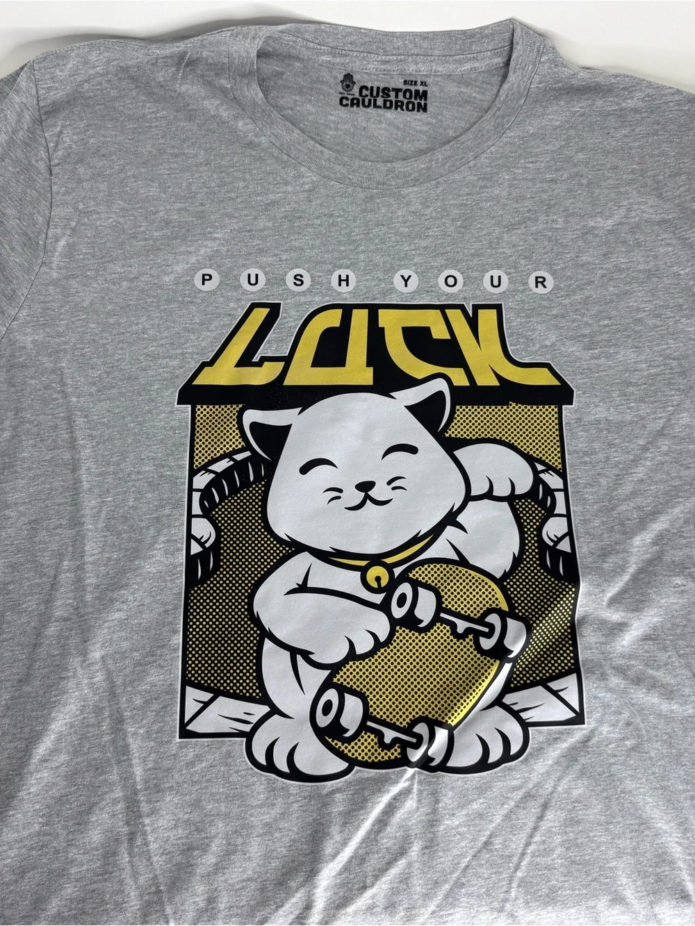 Custom Cauldron Grey 'Push Your Lucky' Cat Graphic T-Shirt for Cats
